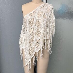 Cape Poncho Shawl Lace Crochet Knit Fringe Tassels Net Off White Cream One Size